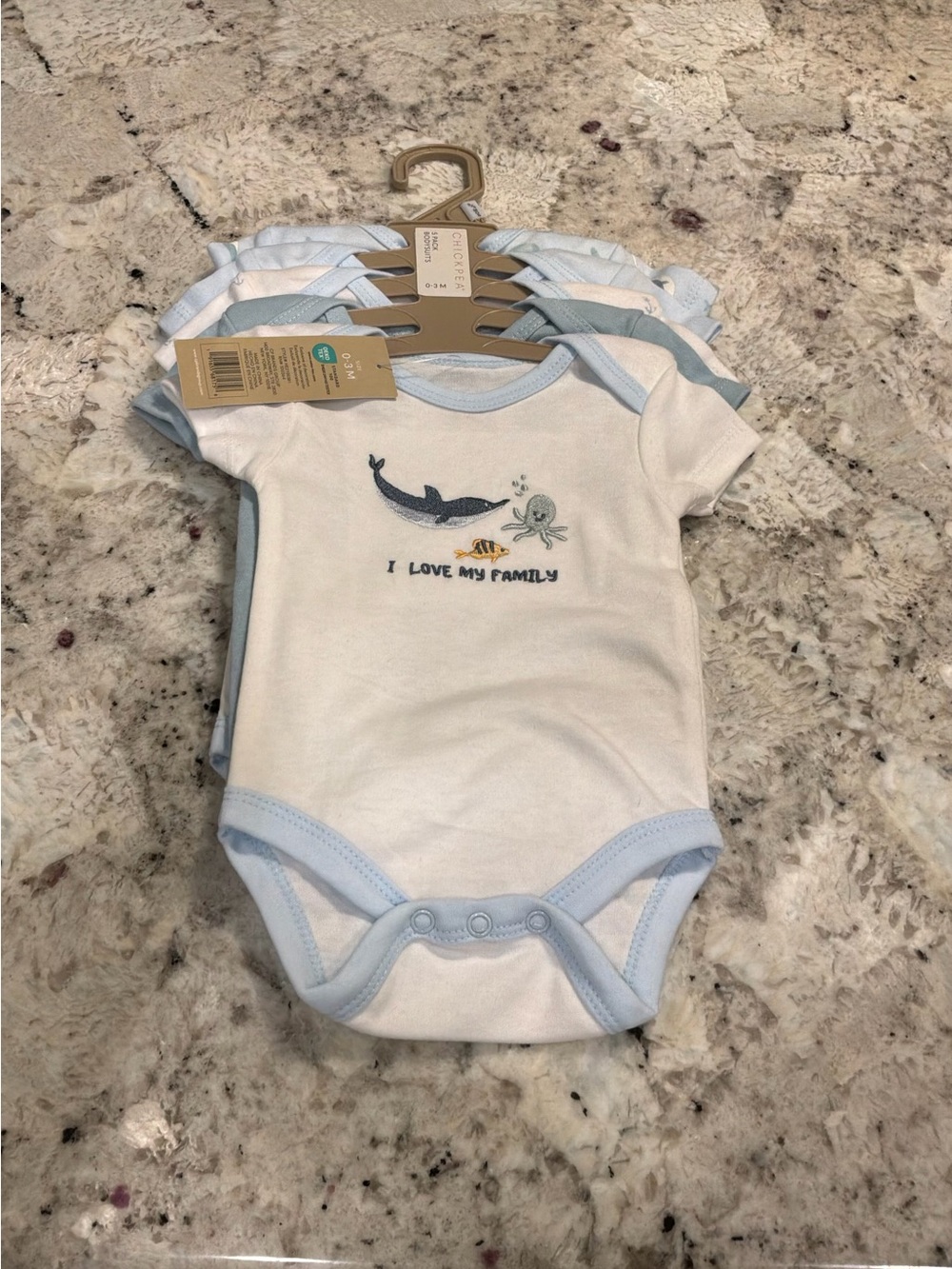 chick pea White One-Piece Bodysuit with Light Blue Trim and Ocean Family Motif